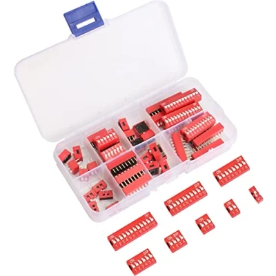 Afbeelding van Dubbele rij dip schakelaar verpakking à 40 stuks glijtype rode tuimelschakelaar voor stroomcircuits, breadboards en Arduino