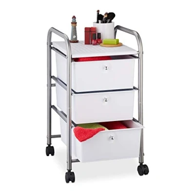 Afbeelding van Relaxdays badkamer trolley, 3 lades, metaal &amp; kunststof, opbergtrolley, cosmetica, HxBxD: 60 x 33 39 cm, zilver