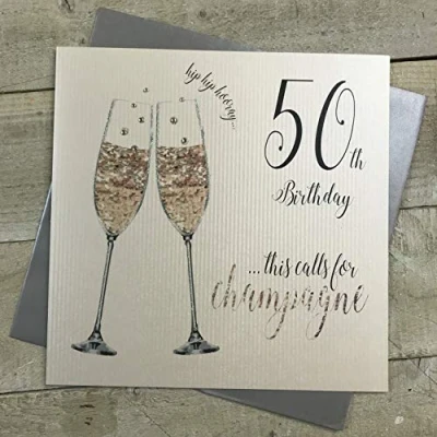 Afbeelding van witte katoenen kaarten XDT83 50 Grote&quot;50e verjaardag. dit roept op tot Champagne&quot; Handgemaakte kaart