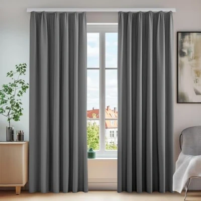 Afbeelding van Deconovo Set van 2 ondoorzichtige gordijnen met plooiband, geluidsisolatie tegen kou, 138 x 140 cm (hoogte breedte), lichtgrijs