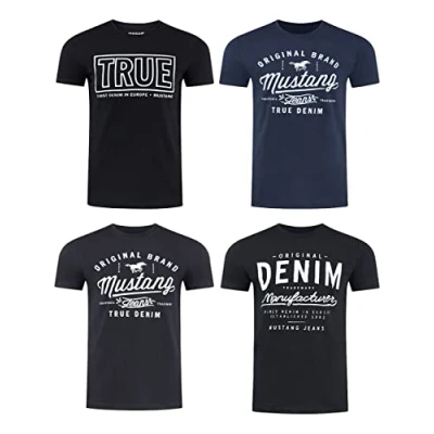 Afbeelding van MUSTANG Heren t shirt 4 pack frontprint ronde hals korte mouwen regular 100% katoen zwart wit grijs blauw groen S M L XL XXL 3XL 4XL 5XL 6XL, Kleurmix (P5),