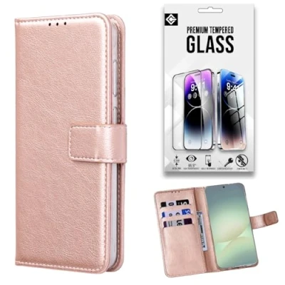 Afbeelding van Casemania Hoesje Geschikt voor Motorola Edge 20 Pro Rosegoud &amp; Glazen Screenprotector Portemonnee Book Case Kaarthouder Magneetlipje