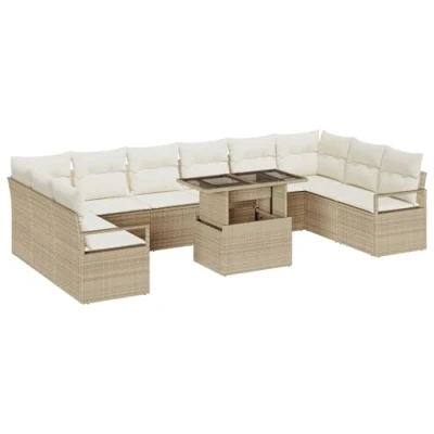 Afbeelding van vidaXL 11 delige Tuin Sofa Set met Kussens Beige Poly Rattan, 2 zits Rattan