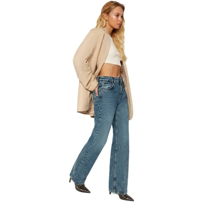 Afbeelding van Trendyol Blauwe Vintage Jeans Met Hoge Taille En Wijde Pijpen Bleek Effect Twoaw24Je00089