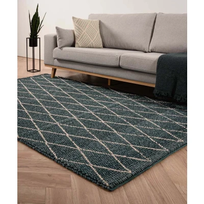 Afbeelding van Wollen Tapijt/Vloerkleed Ruiten Vinduer Petrol/grijs 160x230 Cm 100% Wol