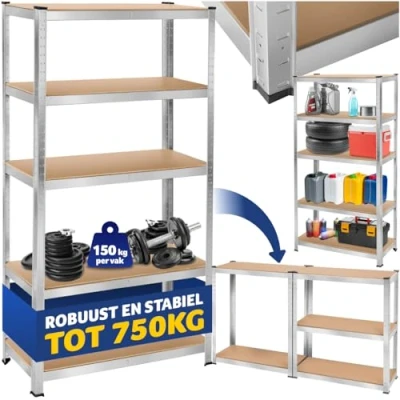 Afbeelding van tectake® werkplaatsrek met 5 MDF planken opbergkast kelderkast stellingkast garagekast voor zware lasten 750 kg