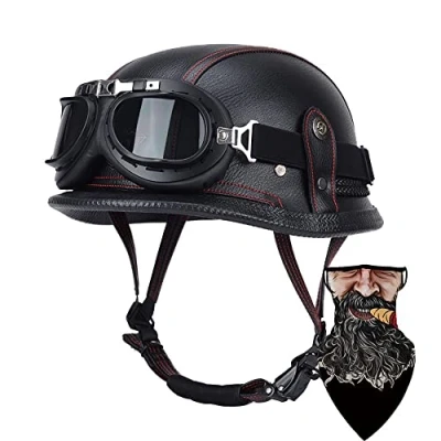 Afbeelding van DIRERTYS helm voor motorfiets, halve helm, pothelm, Duitse leer, DOT/ECE goedgekeurde cap, retro + bril, open gezicht, met verstelbare snelsluiting, M 55 56 cm