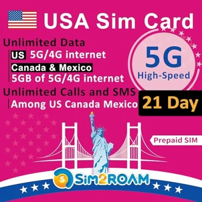 Afbeelding van Prepaid simkaart voor in de VS, onbeperkte snelle 5G /4G LTE dataverbinding VS (inclusief Hawaï), onbeperkt bellen en SMS herlaadbaar (21 dagen)