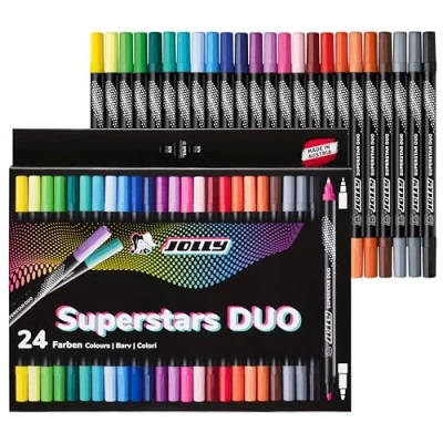 Afbeelding van JOLLY Next Generation Superstars Duo viltstiften, hoogwaardige uitwasbare viltstiften met twee punten, schrijfpunt en dikke punt, zwart design, 24 kleuren