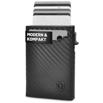 Afbeelding van GenTo Smartlet Push Portemonnee met muntenvak, metalen hoes, slim wallet, TÜV geteste RFID NFC bescherming, kleine portemonnee, dunne smalle kaarthouder, carbon, Münzfach S + Front Fach, Modern