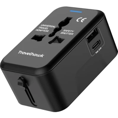 Afbeelding van TravelHawk Universele Wereldstekker met USB C en Poort Reisstekker Internationale voor 150+ landen