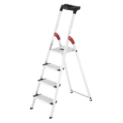 Afbeelding van Hailo L80 ComfortLine aluminium veiligheidsladder inklapbare ladder met 4 XXL treden en opbergbak werkhoogte tot 285 cm gewicht 4,4 kg zilver
