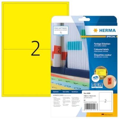 Afbeelding van HERMA 4496 Gekleurde etiketten A4 afneembaar (199,6 x 143,5 mm, 20 vellen, papier, mat) zelfklevend, bedrukbaar, verwijderbaar en opnieuw klevende kleurenlabels, 40 voor printer, geel