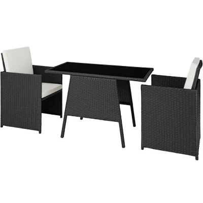Afbeelding van TecTake® Wicker Zitgroep voor 2 Personen Ruimtebesparend Buitenmeubilair met Fauteuils en Tafel Ideale Balkon Loungeset Weerbestendige Tuin Terrasmeubelen Zwart Poly Rattan