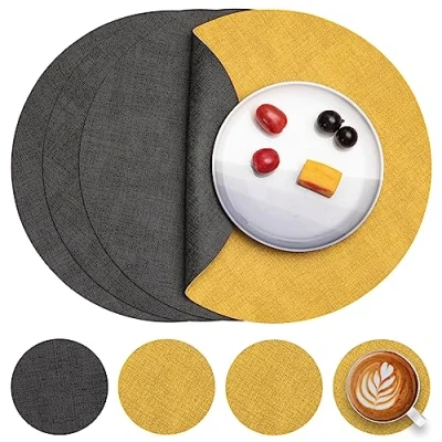 Afbeelding van Myir JUN Lederen Placemat Rond en Onderzetters, Tafelmatten Waterdichte Afveegbare Dubbelzijdige Plaats Matten Koffiematten Antislip Wasbare Placemats Coaster (Grijs Geel, Sets 4)