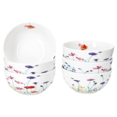 Afbeelding van MamboCat Marie Mueslikommen, 14 cm, 400 ml, porseleinen kom met bloemenweide decoratie voor 6 personen, schaaltjes salade, soep, muesli, chips enz.