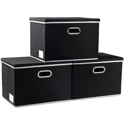 Afbeelding van PRANDOM Grote opvouwbare opbergdozen met deksel, organizer, container, manden, kubusafdekking voor thuis, slaapkamer, kast, kantoor, kinderkamer,Kaki,zwart,3 stuks 45 x 30 cm