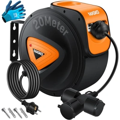 Afbeelding van MASKO® automatische kabelhaspel verlengkabel 20m met 3 voudige aansluiting 180 draaibaar 1,5 m voedingskabel wandhouder werkplaats stroomtrommel slanghaspel incl.