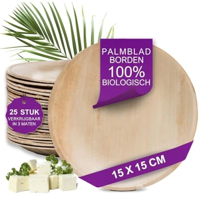 Afbeelding van Waipur Bio Palmblad Bord 25x Rond Ø 15cm Composteerbaar Eersteklas Wegwerpservies Milieuvriendelijke Wegwerp Bordjes vergelijkbaar met Bamboe Servies