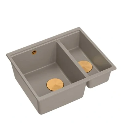 Afbeelding van Quadron Logan 150 dubbele spoelbak, keukenspoelbak, afmetingen 55,5 x 46 22 cm, zacht taupe en koper, granieten wastafel, gootsteen, kastbouw vanaf 60 cm
