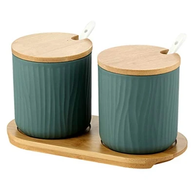 Afbeelding van OnePine Set van 2 suikerpotjes, keramische kruidenpotjes met deksel en lepel voor thuis keuken