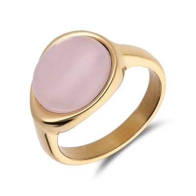 Afbeelding van Lucardi Dames Stalen goldplated Ring met rozenkwarts ovaal Staal Goudkleurig 16 / 50 mm