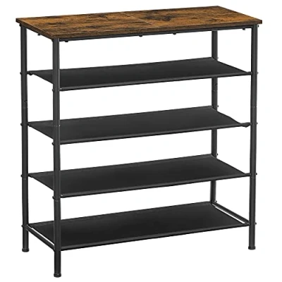 Afbeelding van VASAGLE Schoenstandaard 5 Tier, Schoenopslagorganizer Smal, met 4 stoffen planken en bovenkant voor tassen, stalen frame, entree, kledingkast, industrieel, rustiek bruin zwart LBS036B01