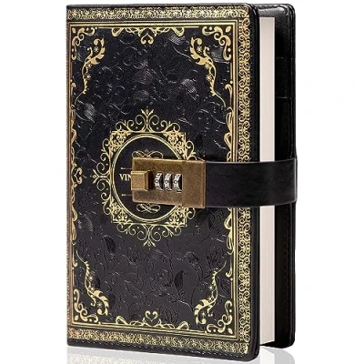 Afbeelding van Vintage lederen dagboek notitieboek met cijferslot, B6 reliëf bloem geheim gelijnd papier om te schrijven, cadeau voor vrouwen meisjes kinderen (zwart)