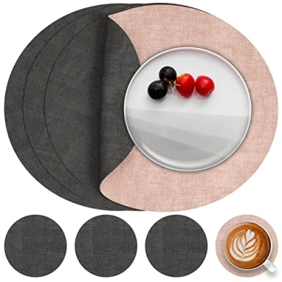 Afbeelding van Myir JUN Lederen Placemat Rond en Onderzetters, Tafelmatten Waterdichte Afveegbare Dubbelzijdige Plaats Matten Koffiematten Antislip Wasbare Placemats Coaster (Grijs Roze, Sets 4)