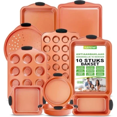 Afbeelding van NutriChef Bakvormen Set 10 delige Antiaanbak van Koolstofstaal Inclusief Bakplaten, Muffin/Taartvormen, Pizzapan, Braadpannen Siliconen Handgrepen Koper