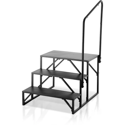 Afbeelding van VEVOR RV trappen, 3 traps trap, 420 lbs draagvermogen, verdikt koolstofstaal, met leuning, antislip treden voor veilige in en uitgang, pak camper, aanhangwagen, campertrap