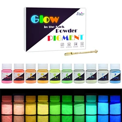 Afbeelding van Limino Glow in the Dark Pigment Powder 10 kleuren x 25g epoxyhars kleurpigment kleurstoffen voor DIY kleurset lichtgevende huidveilige zelfgloeiende acrylverf, nail art, schilderen, ambachten 250g