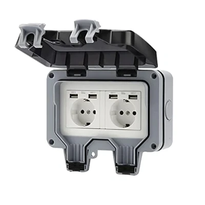 Afbeelding van AYYDS Buitenstopcontact met USB aansluiting, IP66, weerbestendig, tuinstopcontact, opbouw, geaard contact voor binnen en buiten, klapdeksel