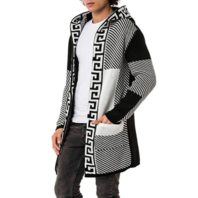 Afbeelding van Redbridge Gebreid vest voor heren, cardigan, lange snit, capuchon,, zwart wit, M