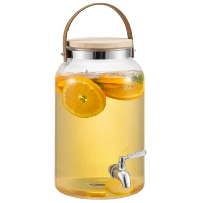 Afbeelding van Navaris glazen limonadetap met kraantje Drankdispenser houten deksel Sapdispenser Voor koude dranken 5,6L 17 x 27 cm feestjes
