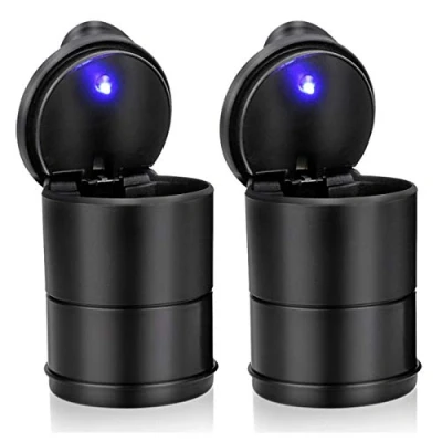 Afbeelding van Chingde auto asbak met led, 2 stuks cilinder asbak, draagbare deksel, sigaretten, voor reizen, thuiskantoor (zwart)