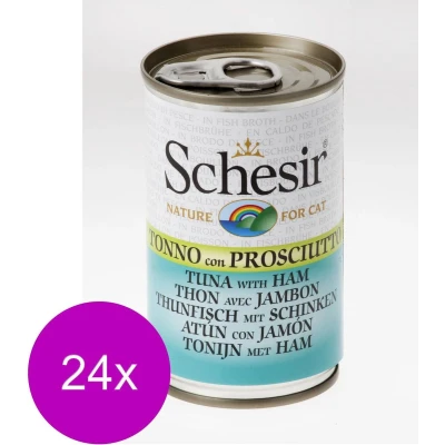 Afbeelding van Schesir Cat in bouillon tonijn met ham, kattenvoer nat eigen kookbouillon, 24 blikjes x 140 g