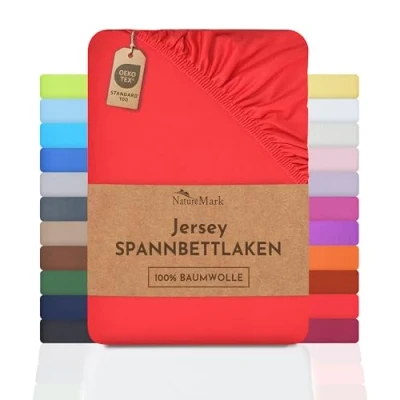 Afbeelding van NatureMark Jersey hoeslaken, 100% katoen, in vele maten en kleuren, merkkwaliteit, Öko Tex standaard 100, 180 x 200 cm tot cm, rood