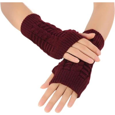 Afbeelding van Vingerloze Handschoenen voor dames Bordeaux Rood Polswarmers warme handen Kort model Acryl