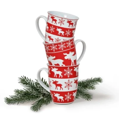 Afbeelding van Mokken 3 delige set Xmas in wit en rood klassieke porseleinen koffiemokken als kerstmokken 10 cm Amerikaanse koffiekopjes voor Kerstmis vaatwasmachinebestendig magnetronbestendig