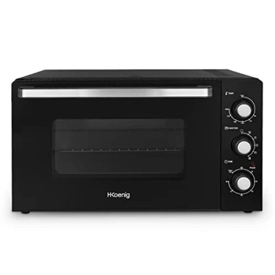 Afbeelding van H.Koenig Compacte mini oven FO42, inhoud 42 l, temperatuur tot 230 C, 5 kookmodi, timer 90 minuten, draai /braadwarmte, met tang, kruimelverzamelaar en draaispies, 2000 W