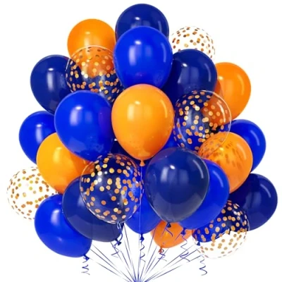 Afbeelding van Teselife Blauwe en oranje ballonnen, 30 stuks cm marineblauw donkerblauw gouden confetti ballon met lint jongens mannen verjaardag babyshower bruiloft verloving ruimte thema