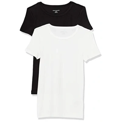 Afbeelding van Amazon Essentials Women&#039;s T shirt met korte mouwen en ronde hals in slanke pasvorm, Pack of 2, Zwart/Wit, S