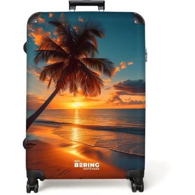 Afbeelding van NoBoringSuitcases.com® Koffer groot Reiskoffer lichtgewicht Palmboom bij zonsondergang Rolkoffer met 4 wielen Grote trolley XL 98 liter bagage