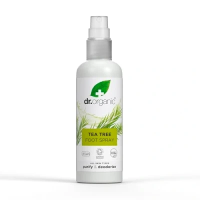 Afbeelding van Dr Organic Tea Tree voetspray, deodoriserend, reinigend, sneldrogend, aluminiumvrij, met natuurlijke pepermuntolie, veganistisch, dierproefvrij, paraben en SLS vrij, gecertificeerd biologisch, 100 ml