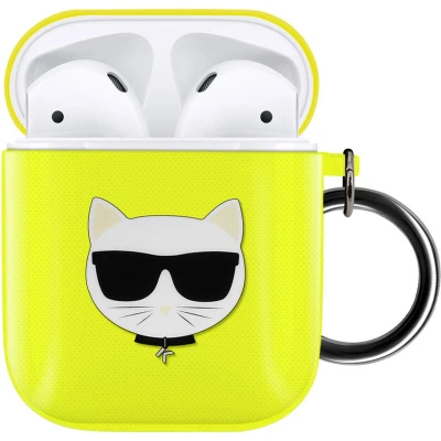 Afbeelding van Siliconen gel Airpods case met haak Choupette Ikonik Karl Lagerfeld Geel