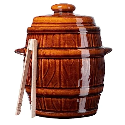 Afbeelding van KADAX Steengoed pan, dichte keramische pot met deksel, vaatwasmachinebestendige steengoedpan, handgemaakte fermentatiepot van keramiek, inlegpan voor komkommers en zuurkool (3,5 l)