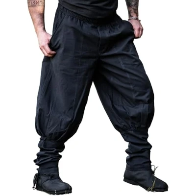 Afbeelding van Leonardo Carbone® Tiago Herenbroek met vetersluiting voor heren, middeleeuwse kleding, Vikingbroek, kostuum festivaloutfit, LARP, cosplay, vrijetijdsbroek, lang, 100% katoen, zwart, 3XL