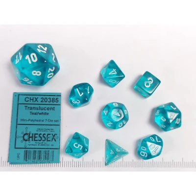 Afbeelding van Chessex Doorschijnende Mini Polyhedral Teal/wit Dobbelsteen Set (7 stuks)