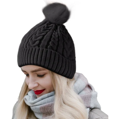 Afbeelding van CALIYO Beanie Muts Wintermuts Dames Warme Mutsen met Imitatiebont Pompon Gebreide Skimutsen Gevoerd Wol Zwart